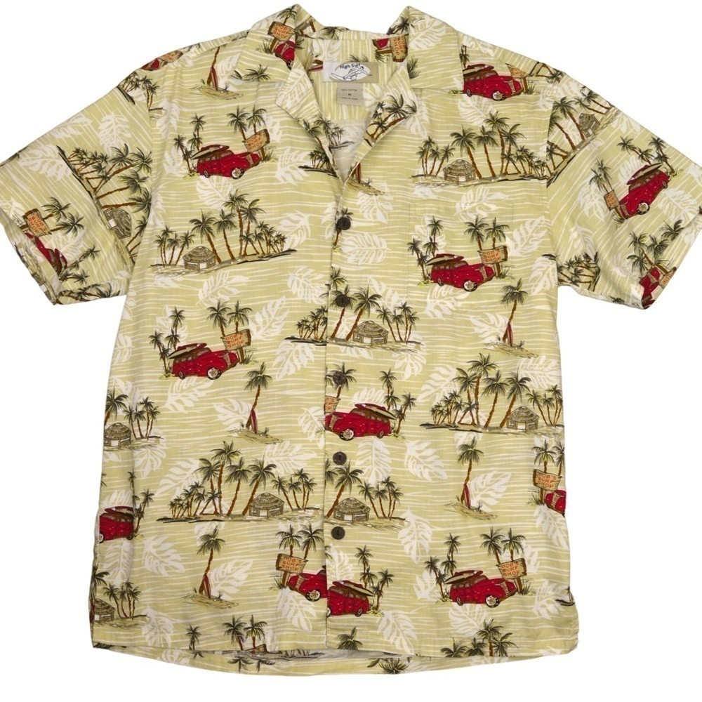 Men’s High Surf Island Print Button Down‎ Cool Cotton Short Sleeve Shirt, Medium